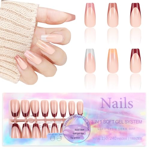 JSRQT 150 Stück Falsche Künstliche Nägel French Fake Fingernägel zum Aufkleben Selbstklebende Nails Tips für Damen und Frauen Nude Braun Kunstnägel Französische 5 Design DIY Maniküre Dekoration von JSRQT