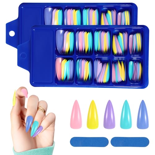 JSRQT 240 Stück Press on Nails Künstliche Falsche Fake Nägel Bunt Fingernägel zum Aufkleben Selbstklebende Farbigen French Kunstnägel Französische mit Nagelfeilen Stock für Damen und Frauen von JSRQT
