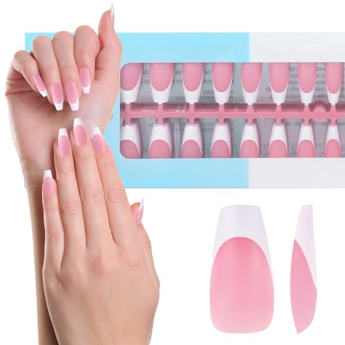 JSRQT 240Stk French Künstliche Nägel Langer Coffin Full Cover Falsche Nagelspitzen Tip for Gelnägel 3in1 X-Coat Tip Nägel Aufkleben Acryl French Press on Nail DIY Nagelkunst für Frauen Mädchen, Rosa von JSRQT