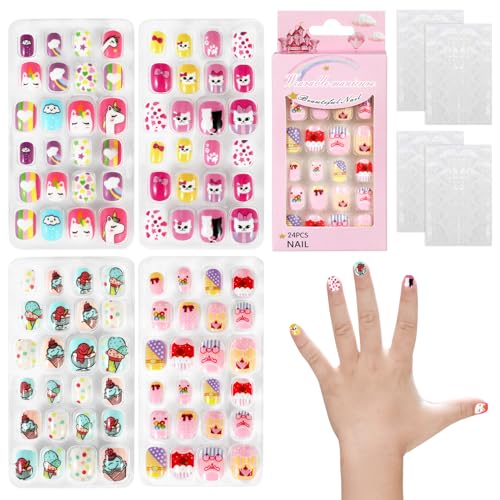 JSRQT 4 Stück Nägel Zum Aufkleben Kinder, Vollständige Abdeckung Kurze Falsche Press on Nägel, Künstliche Nagelspitzen zum Aufkleben mit Einhorn Katzen Muster, Nagelkunst Maniküre Kinder Mädchen von JSRQT