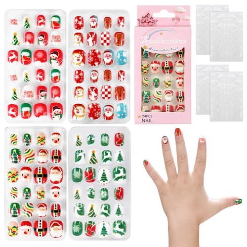 JSRQT 4 Stück Weihnachts Nägel Zum Aufkleben Kinder, Vollständige Abdeckung Press on Nägel, Kurze Künstliche Nail Kinder Mädchen, Weihnachtsbaum Schneemann Falsche Nagelspitzen Fingernägel Maniküre von JSRQT
