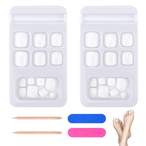 JSRQT 48 Stück Weiss Gefälscht Zehennägel Fußnägel zum Aufkleben für Frauen Mädchen Fake Toenails DIY Fußnägel Tips mit Nagelfeilen Stock Zehen Nagelspitzen Kit Fingernägel Nagel Dekoration(12 Größen) von JSRQT