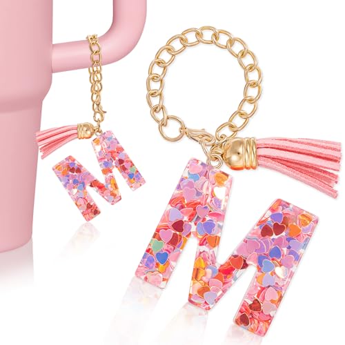 JSRQT Anfangsbuchstaben-Schlüsselanhänger Initiale M Personalisierte Anfangsbuchstaben Griff für Cup Wasserflasche mit Griff Buchstaben-Anhänger Buchstaben-Charm-Zubehör Name-ID Letter von JSRQT