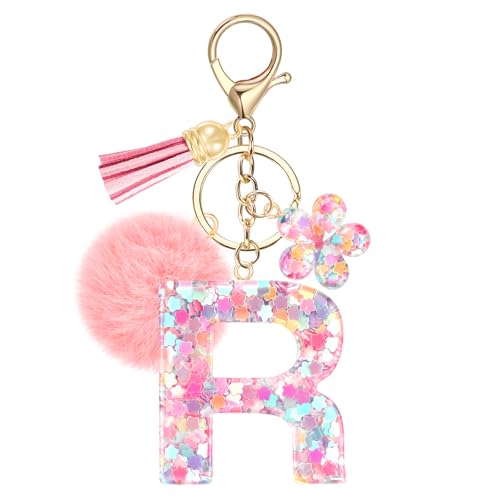 JSRQT Niedlicher Rosa Schlüsselanhänger Buchstaben R, Namens Alphabet Harz Schlüsselanhänger Blumen Pailletten mit Pompons, Taschenanhänger Key Chain für Frauen Mädchen Handtaschen Rucksack Dekor von JSRQT