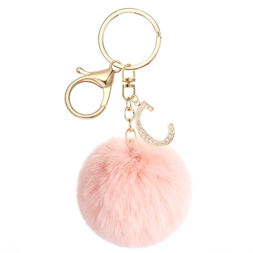 JSRQT Schlüsselanhänger Buchstabe C mit Rosa Pompons, Kristall Metall Namens Alphabet Schlüsselanhänger für Frauen Mädchen, Weicher Plüsch Taschenanhänger Keychian für Handtaschen Rucksack Dekor von JSRQT