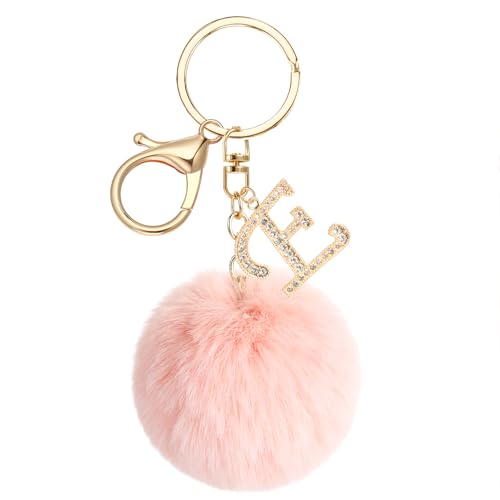 JSRQT Schlüsselanhänger Buchstabe E mit Rosa Pompons, Kristall Metall Namens Alphabet Schlüsselanhänger für Frauen Mädchen, Weicher Plüsch Taschenanhänger Keychian für Handtaschen Rucksack Dekor von JSRQT