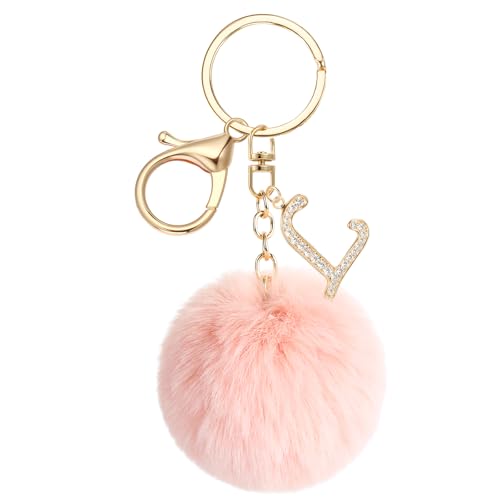 JSRQT Schlüsselanhänger Buchstabe L mit Rosa Pompons, Kristall Metall Namens Alphabet Schlüsselanhänger für Frauen Mädchen, Weicher Plüsch Taschenanhänger Keychian für Handtaschen Rucksack Dekor von JSRQT