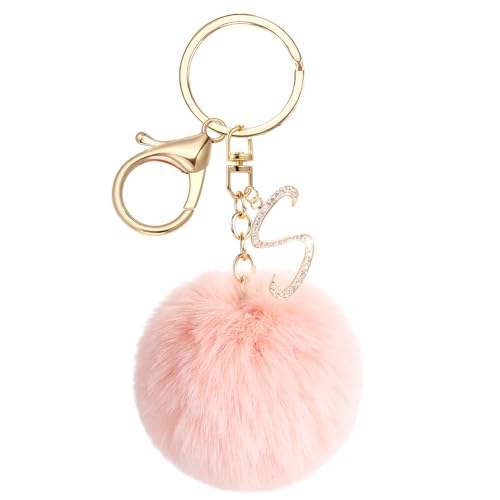 JSRQT Schlüsselanhänger Buchstabe S mit Rosa Pompons, Kristall Metall Namens Alphabet Schlüsselanhänger für Frauen Mädchen, Weicher Plüsch Taschenanhänger Keychian für Handtaschen Rucksack Dekor von JSRQT