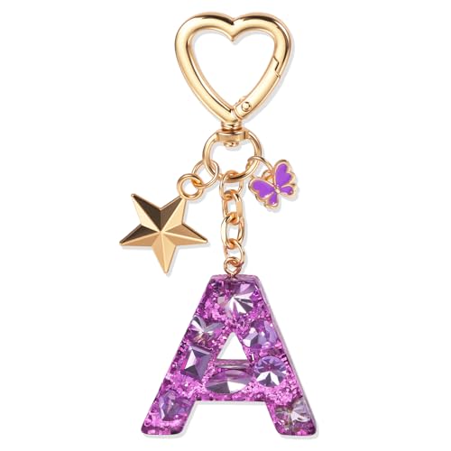 JSRQT Schlüsselanhänger Buchstabe mit Anfangsbuchstaben Lila Schmetterling A Schlüsselband für Damen Mädche Frauen Name Harz Schlüsselringe Personalisiert Schlüssel Anhänger Geburtstagsgeschenk von JSRQT