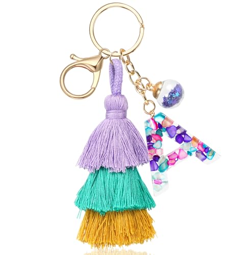 JSRQT Schlüsselanhänger mit Anfangsbuchstaben, Buchstaben Schlüsselanhänger Harz A mit Quaste Schlüsselanhänger für Mädchen, Taschenanhänger boho für Handtaschen Rucksäcke Autoschlüsselanhänger von JSRQT