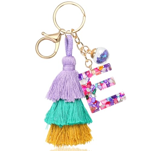JSRQT Schlüsselanhänger mit Anfangsbuchstaben, Buchstaben Schlüsselanhänger Harz E mit Quaste Schlüsselanhänger für Mädchen, Taschenanhänger boho für Handtaschen Rucksäcke Autoschlüsselanhänger von JSRQT