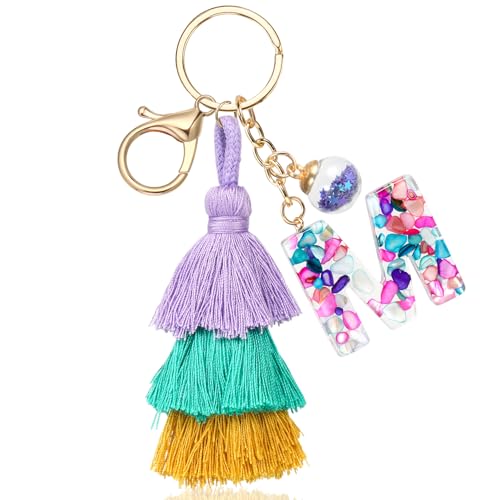 JSRQT Schlüsselanhänger mit Anfangsbuchstaben, Buchstaben Schlüsselanhänger Harz M mit Quaste Schlüsselanhänger für Mädchen, Taschenanhänger boho für Handtaschen Rucksäcke Autoschlüsselanhänger von JSRQT