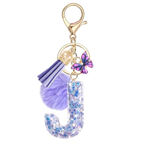 JSRQT Schlüsselanhänger mit Anfangsbuchstaben Buchstabe J Lila Schmetterling für Damen Mädchen Frauen Personalisiert Harz Schlüsselringe Letter Name Alphabet Keychain Handtasche Geburtstagsgeschenk von JSRQT
