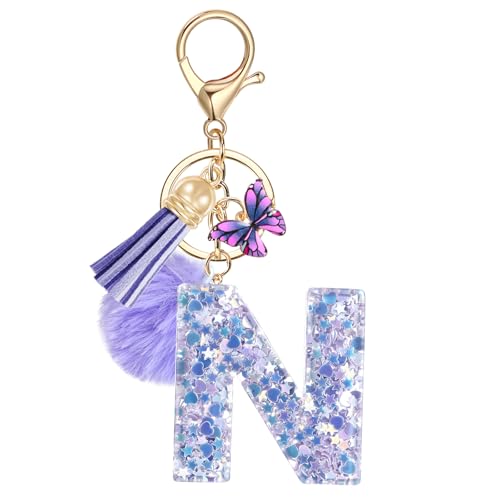 JSRQT Schlüsselanhänger mit Anfangsbuchstaben Buchstabe N Lila Schmetterling für Damen Mädchen Frauen Personalisiert Harz Schlüsselringe Letter Name Alphabet Keychain Handtasche Geburtstagsgeschenk von JSRQT