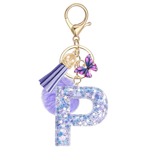 JSRQT Schlüsselanhänger mit Anfangsbuchstaben Buchstabe P Lila Schmetterling für Damen Mädchen Frauen Personalisiert Harz Schlüsselringe Letter Name Alphabet Keychain Handtasche Geburtstagsgeschenk von JSRQT