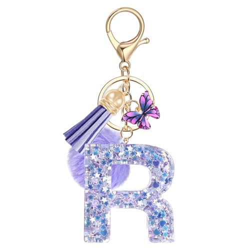 JSRQT Schlüsselanhänger mit Anfangsbuchstaben Buchstabe R Lila Schmetterling für Damen Mädchen Frauen Personalisiert Harz Schlüsselringe Letter Name Alphabet Keychain Handtasche Geburtstagsgeschenk von JSRQT