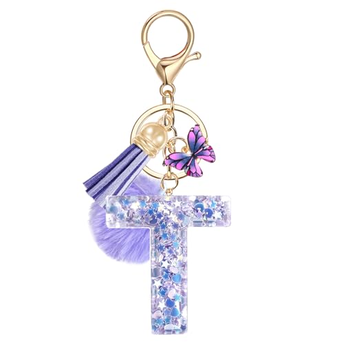 JSRQT Schlüsselanhänger mit Anfangsbuchstaben Buchstabe T Lila Schmetterling für Damen Mädchen Frauen Personalisiert Harz Schlüsselringe Letter Name Alphabet Keychain Handtasche Geburtstagsgeschenk von JSRQT