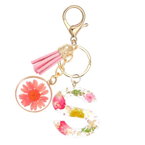 JSRQT Schlüsselanhänger mit Anfangsbuchstaben S,Harz Schlüsselanhänger Buchstabe für Damen Mädchen,Rosa Initiale Alphabet Schlüsselringe,Keychain Aesthetic mit Quaste Anhänger(S) von JSRQT