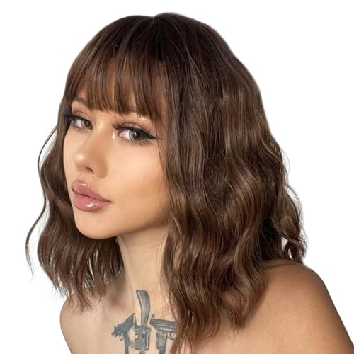 JSTHHTT 14 Zoll Kurze Wellige Braune Perücke für Frauen, kurz Lockige Volle Haar Gewellt Synthetische Haar Perücken, für Tägliche Karneval Fasching von JSTHHTT