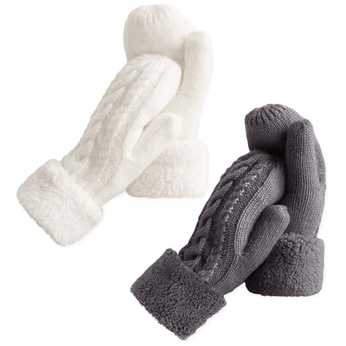 JSTHHTT 2 Paar Handschuhe Damen Winter Warm, Damen Warme Winter Strick Fäustlinge, Super Dicke Gestrickt Fausthandschuhe, Thermo Fleece, für Mädchen Mutter Tochter Liebhaber von JSTHHTT