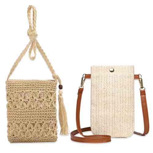 JSTHHTT 2 Pcs Handytasche Zum Umhängen Damen, Kleine Handy Umhängetasche Damen Klein, Handytasche mit Geldbörse zum Umhängen, Strohtaschen Damen Strohtaschen Strandtasche Sommertaschen Damen von JSTHHTT