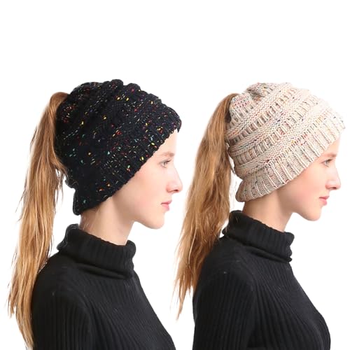 JSTHHTT 2 Stück Damen Frauen Plain Ponytail Messy Bun Gerippte Winter Beanie Hut Cap Hair Hairband, Beanie Mütze Damen Warmer Strick, Warme Wintermütze mit Weichem Innenfutter Gefütterte Strickmütze von JSTHHTT