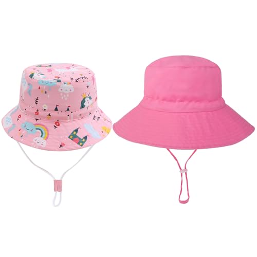 JSTHHTT 2Pcs Sonnenhut Baby Kinder, Sonnenhut Mädchen, Fischerhut Kinder, Strandhut für Mädchen Jungen, Verstellbarer Faltbare UV-Schutz mit Verstellbarem Bindebändern und Breite Krempe von JSTHHTT