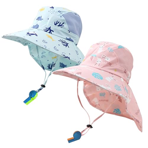 JSTHHTT 2Pcs Sonnenhut Baby Kinder, Strandhut für Mädchen Jungen, Fischerhut Kinder, Sonnenhut Mädchen, Verstellbarer Faltbare UV-Schutz mit Verstellbarem Bindebändern und Breite Krempe von JSTHHTT