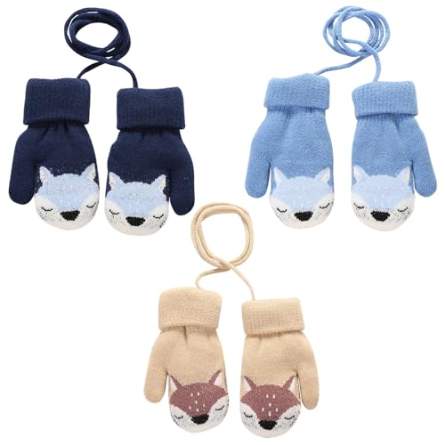 JSTHHTT 3 Paar Kinder Winter Handschuhe, Winter Strickhandschuhe, Niedliche Cartoon Kinder Warme Handschuhe mit Schlüsselband, Dicke Doppelt Strickhandschuhe für 1-3 Jahre Mädchen Junge von JSTHHTT