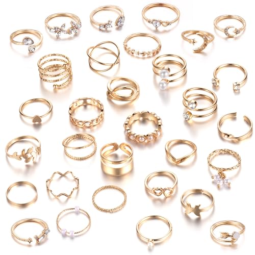 JSTHHTT 31 Stück Ringe Set für Damen Boho Gelenk Fingerringe Knöchel Ringe Stapelbare Offene Daumen Ringe Stapelbare Midi Ringe Set Ringe Frauen Ideal für Geburtstagsfeiern, Abschlussbälle Gold von JSTHHTT