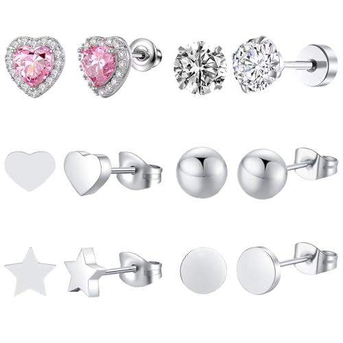 JSTHHTT 6 Paar Damen Ohrstecker, Silber Kleine Ohrschmuck Set, Ohrringe mit Zirkonia, Stern Herz Ohrstecker, Ohrringe Mädchen, Ohrringe Baumeln Schmuck Geschenk von JSTHHTT