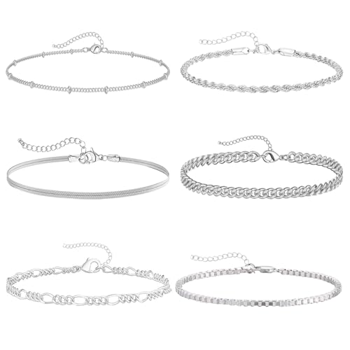 JSTHHTT 6 Stück Armband Damen Armband Set Stapelarmbänder Verstellbare Stapelbare Kettenarmband Charm Armband Armband Verstellbar Damen Armband Boho Mädchen Modeschmuck Geschenke (Silber, L) von JSTHHTT