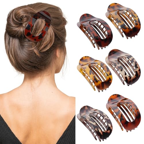JSTHHTT 6Pcs Haarspangen Damen, Haarspange Flach Damen, Flat Claw Clip mit Leopardenmuster, Rutschfeste, Runde Lay Down Haarklammer für dickes und dünnes Haar, Bequeme, gebogene flache Clips von JSTHHTT