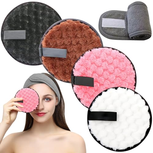 JSTHHTT 8 Stück Abschminkpads Waschbar, Waschbare Abschminkpads mit Grau Kosmetik Haarband, Wattepads, Wiederverwendbare Make-up Entferner Schwämme zur Gesichtsreinigung Hautpflege (4 Farben) von JSTHHTT