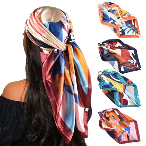 JSTHHTT 90x90cm Große Quadratische Schals, 4pcs Bandana, Kopftuch Damen, Kopftuch Damen Sommer, Seide kopftuch Bandanas Haartuch Halstuch Haarschmuck von JSTHHTT