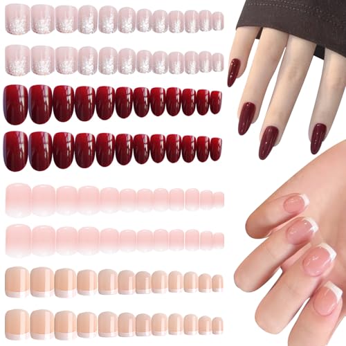 JSTHHTT 96 Stück Press on Nails, Fake Nails, Full Cover Nude Natürliche, French Tip, Natürliches & Angenehmes Tragegefüh, Square Fingernägel Fake Nails für Frauen und Mädchen von JSTHHTT