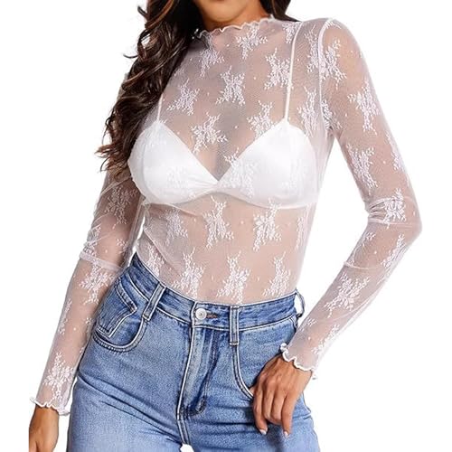JSTHHTT Damen Netz Oberteil Transparentes Shirt, Damen Langarmshirt Durchsichtige T-Shirt Festival Oberteil, Clubwear Party Tops, T-Shirt Sheer Mesh FüR Club Party von JSTHHTT