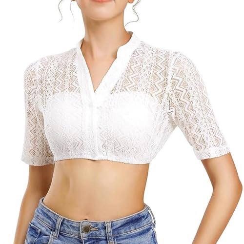 JSTHHTT Dirndl Bluse Damen, Dirndlbluse Spitze, Trachten Dirndlbluse, Trachtenbluse Kurzarm， Dirndlbluse Weiß, Elegante Trachtenbluse, Für Bayrische Tracht Oktoberfest, Oktoberfest V-Ausschnitt von JSTHHTT