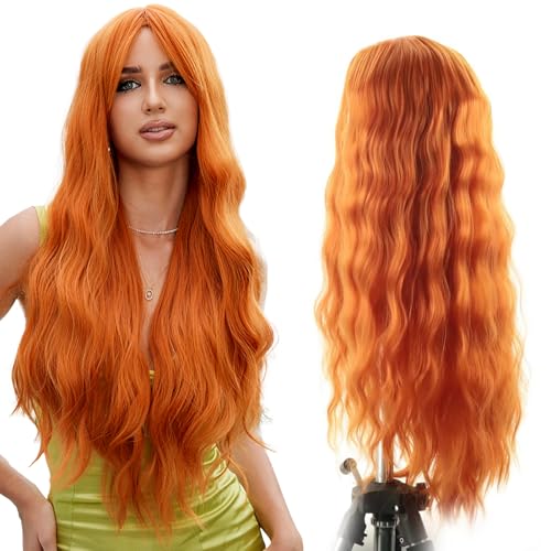 JSTHHTT Lange Lockige Wellig Orange PerüCke, 65cm Mittelscheitel Lockige PerüCke, NatüRlich Synthetische Gewellte PerüCken Damen, NatüRliche HitzebestäNdig, Damen Locken Wavy Wig FüR Partys TäGlich von JSTHHTT