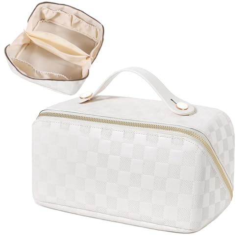 JSTHHTT Tragbare Kosmetiktasche Damen, Große Kapazität Reise Make up Tasche, Reise Makeup Bag Aesthetic mit Griff, für Reise Schlafzimmer, Bad und andere Anlässe (Weiß) von JSTHHTT