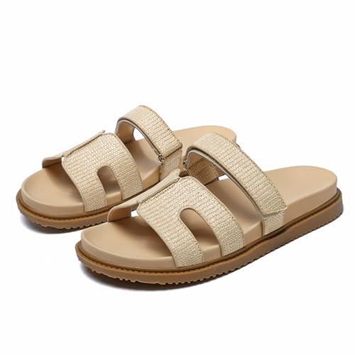 JSWEI Damen Slide Sandalen Damen Hausschuhe Schuhe rutschfest Bequem und Verstellbar Sommer mit Fußgewölbeunterstützung Indoor/Outdoor Flache Hausschuhe Strand Sandalias Para Mujer, Beige geflochten von JSWEI