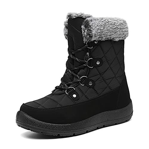JSWEI Schneestiefel für Damen - Kunstfell Schneesichere Winterschuhe Wasserdicht Winterschuhe Atmungsaktiv Thermofutter Rutschfeste Wanderschuhe Schwarz für Outdoor, Schwarz , 38.5 EU von JSWEI