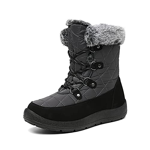 JSWEI Winterstiefel für Damen Stiefel Isoliert Bequem Memory Foam Fell Winter Schneestiefel Frauen Winterstiefel Wasserdicht Kaltes Wetter Gr, grau, 37EU von JSWEI