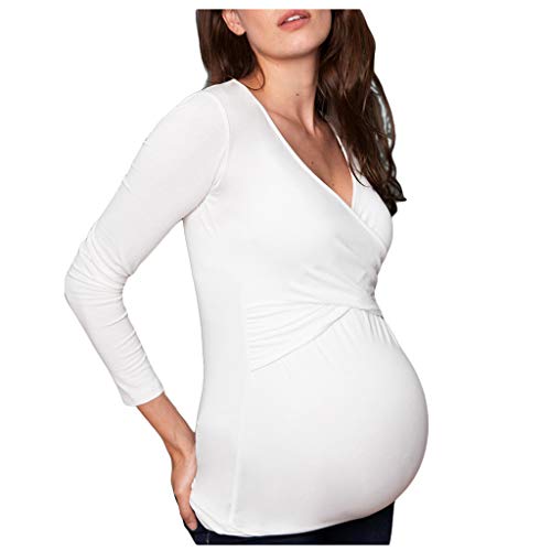 Frauen Schwangere Nusring Umstandsbluse V-Ausschnitt Langarm Tops Solide Rüschen Bluse Top, weiß, Small von JSijepa