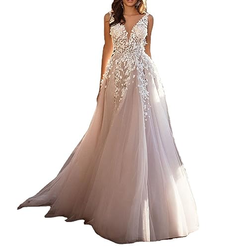 JTBDWOSK Damen V-Ausschnitt Hochzeitskleider Lang Ärmel Spitze Chiffon Boho Elegant Spitze Brautmode Rückenfrei Brautkleider Standesamt,Weiß,XS von JTBDWOSK