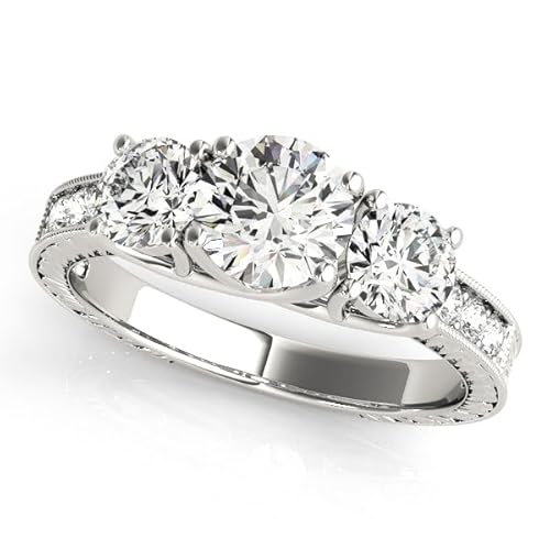 JTC LTD Verlobungsring im Rundschliff mit 3 Steinen, im Labor gewachsener Diamant, 0,50 Karat - 5,00 Karat D/VVS, massives 9 K/18 Karat Gold, Platin oder Silber, Krappenfassung mit Pavé-Seitensteinen von JTC LTD