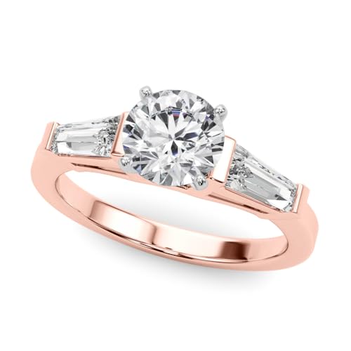 JTC LTD Verlobungsring mit 3 Steinen, im Labor gezüchtet, runde Mitte mit Seitenstein im Baguetteschliff, massives 9 K/18 Karat Gold, Platin oder 925er Silber, 0,50 Karat - 5,00 Karat D/VVS, Zinken von JTC LTD