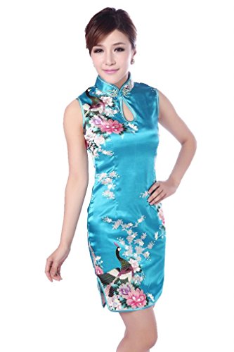 JTC Damen Chinesisch Etuikleid Cheongsam Qipao Hochzeit Party Cocktailkleid Abendkleid Blau (38-Tag XL) von JTC