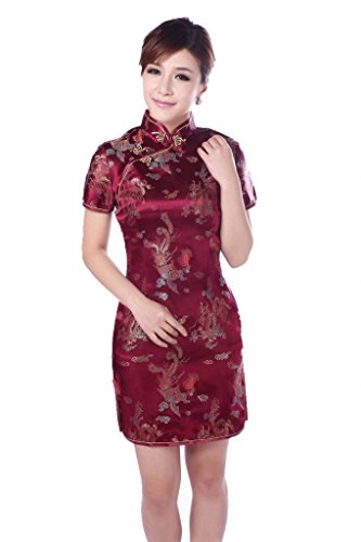 JTC Damen Frauen Partykleid Cheongsam Qipao Chipao Abendkleid Chinesisch Etuikleider (M: EU 34, Weinrot) von JTC