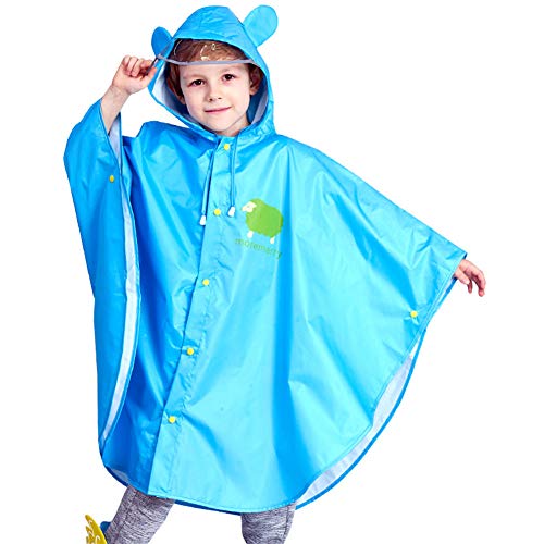 Kinder Regenponcho Mädchen Jungen Regencape Wasserdicht Atmungsaktiv Regendichter Regenmantel Unisex für Kleinkinder und Jugendliche Regenjacke mit Kapuze (Blau, L) von JTENG